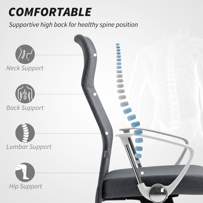 HOMCOM Office Chair, Fabric Computer Desk Chair with High Back, Swivel Wheels, Armrest, Tilting Function, Height Adjustable for Home, Grey