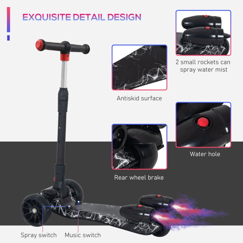 HOMCOM Kids Scooter, 3 Wheel Foldable Kick Scooter Adjustable Height w/ Flashing Wheels, Music, Water Spray for 3-6 Years, Black