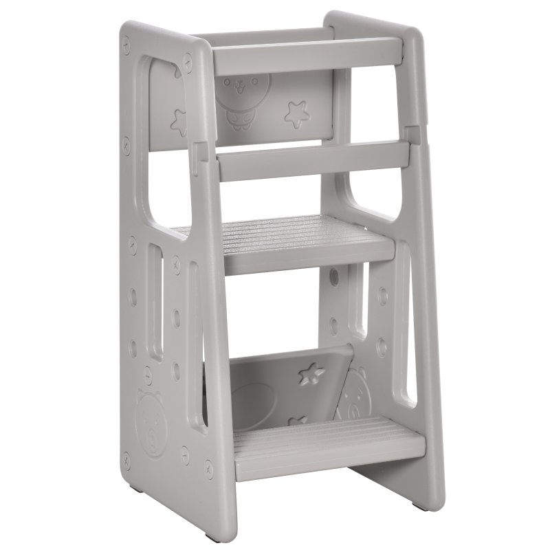 HOMCOM Kids Step Stool, Adjustable Standing Platform, Toddler Kitchen Stool , Standing Tower for Kids, Kitchen Counter with Three Adjustable Heights - Grey