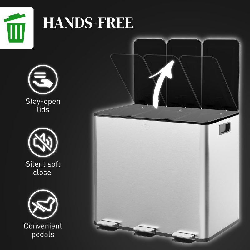 HOMCOM Triple Kitchen Bin, 3 x 15L Pedal Bin, Stainless Steel Three Rubbish Bin with Removable Inner Buckets, Soft Close Lid, Fingerprint-Proof for Recycling and Waste