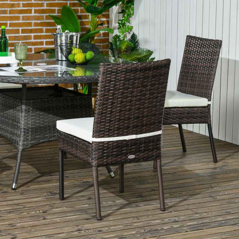 Outsunny 4 Pieces PE Rattan Garden Chairs with Cushion, Patio Wicker Dining Chairs with Backrest for Patio, Deck, Garden, Brown