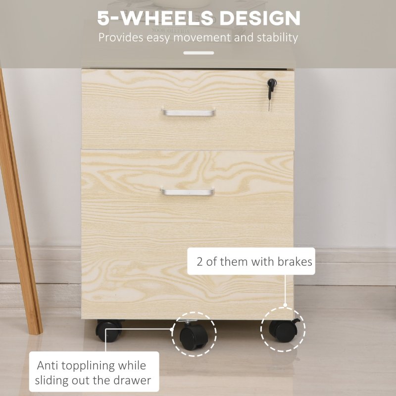 Vinsetto 2-Drawer Locking Office Filing Cabinet w/ 5 Wheels Rolling Storage Hanging A4 Cupboard Home Organisation, Oak Wood Grain