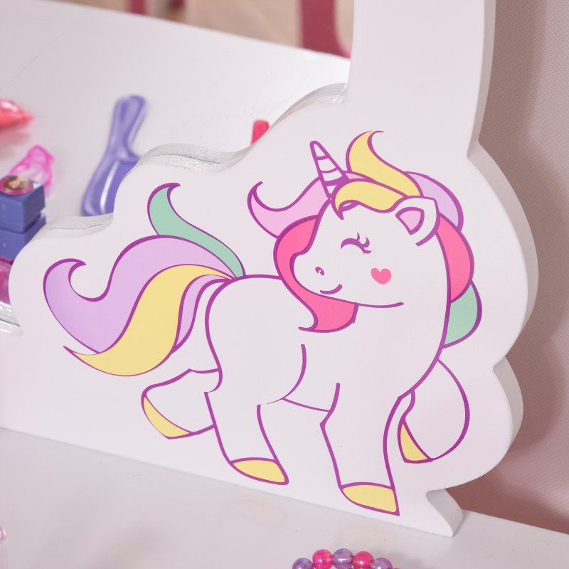 HOMCOM Girls Dressing Table with Mirror, Stool, Kids Dressing Table, Unicorn-Designed Play Toy for Toddles Girls Age 3-6 Years, Acrylic Mirror, Pink and White