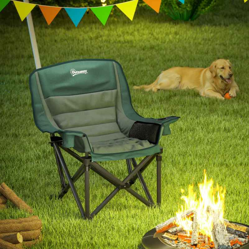 Outsunny Folding Camping Chair for Adults, Portable Padded Folding Chair with Cup Holders, Side Pockets and Carry bag for Picnic, Hiking, Fishing, Olive Green