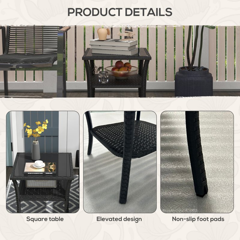 Outsunny 50cm Outdoor PE Rattan Coffee Table, Patio Wicker Two-tier Side Table with Glass Top, for Patio, Garden, Balcony, Black