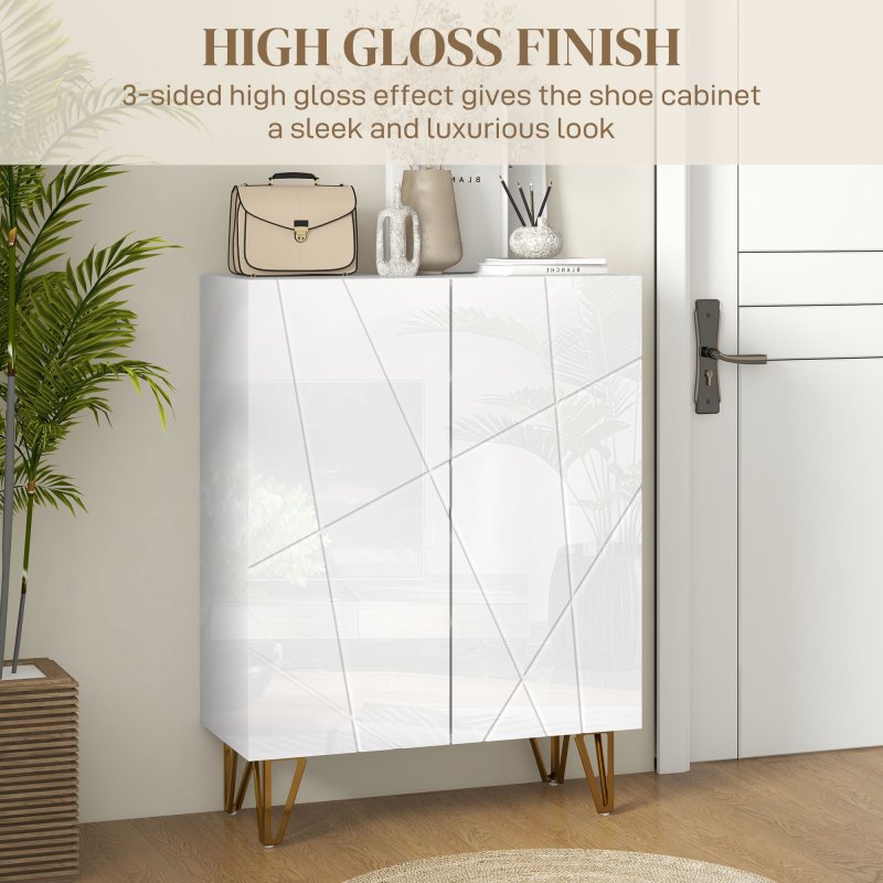HOMCOM Narrow Shoe Cabinet with High Gloss, Slim Shoe Storage Cabinet with Soft-Close Hinges and Adjustable Shelves for 15-20 Pairs of Shoes