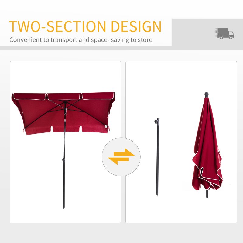 Outsunny 2 x 1.3m Garden Parasol Umbrella, Outdoor Market Table Umbrella with Ruffles & Aluminium Pole, Rectangular Tilting Parasol Sun Shade Canopy, Red