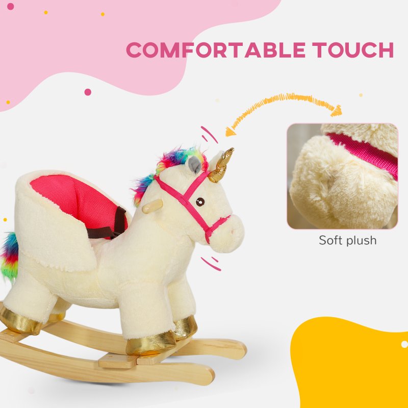AIYAPLAY Rocking Horse, Unicorn Rocking Horse with Realistic Sounds, Safety Belt, Wooden Base, Plush Ride on Unicorn, for Ages 18-36 Months, Cream White