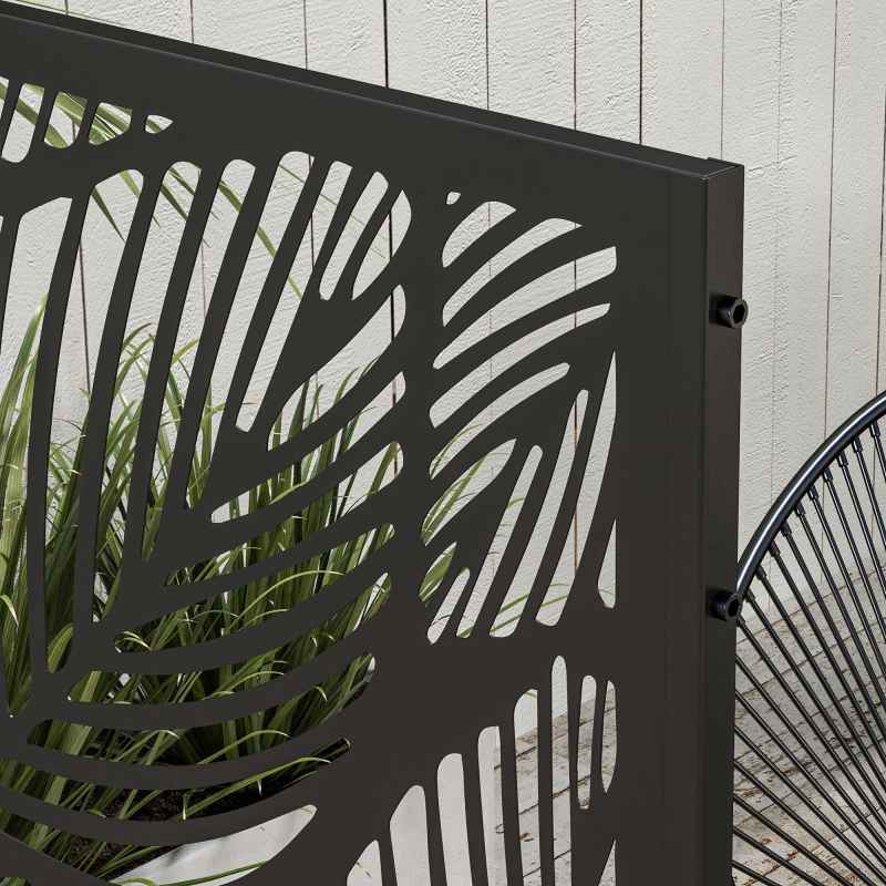 Outsunny Decorative Garden Privacy Screen with Stand, 6.5FT Freestanding Metal Outdoor Divider, Decorative Privacy Panel with Expansion Screws for Garden Pool Hot Tub, Leaf Style, Black