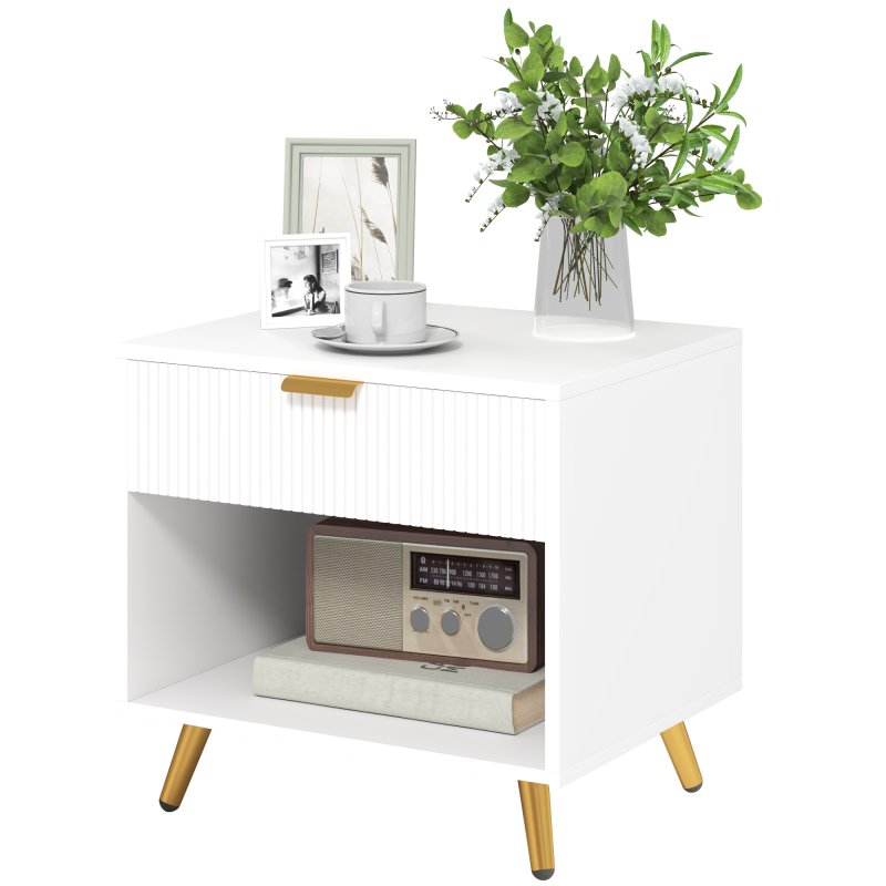 HOMCOM Bedside Table, Bedside Cabinet With Drawer and Open Compartment, Nightstand With Handle for Bedroom, Living Room, White