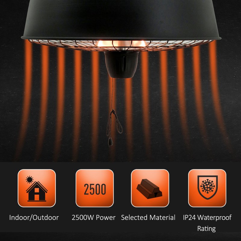 Outsunny Adjustable Power 1000/2500W Infrared Halogen Electric Patio Light Heater, Ceiling Hanging Mount -Black
