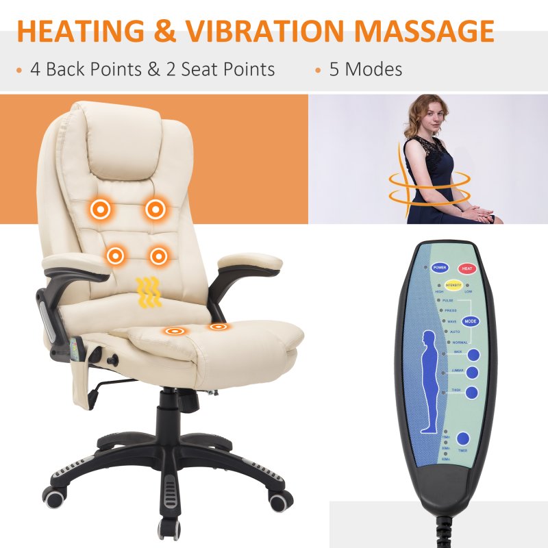HOMCOM 6-Point Massage Office Chair with Seat Heated for Home Office, PU Leather High Back Executive Desk Chair with Adjustable Height and 360° Swivel for Work Study