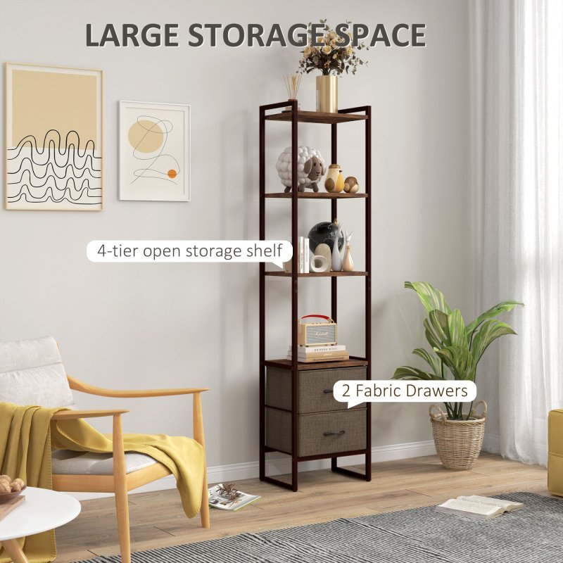 HOMCOM Industrial Bookshelf, Slim Storage Shelf with 2 Fabric Drawers and 4-tier Shelving Unit, Narrow Display Rack for Living Room, Home Office, Rustic Brown