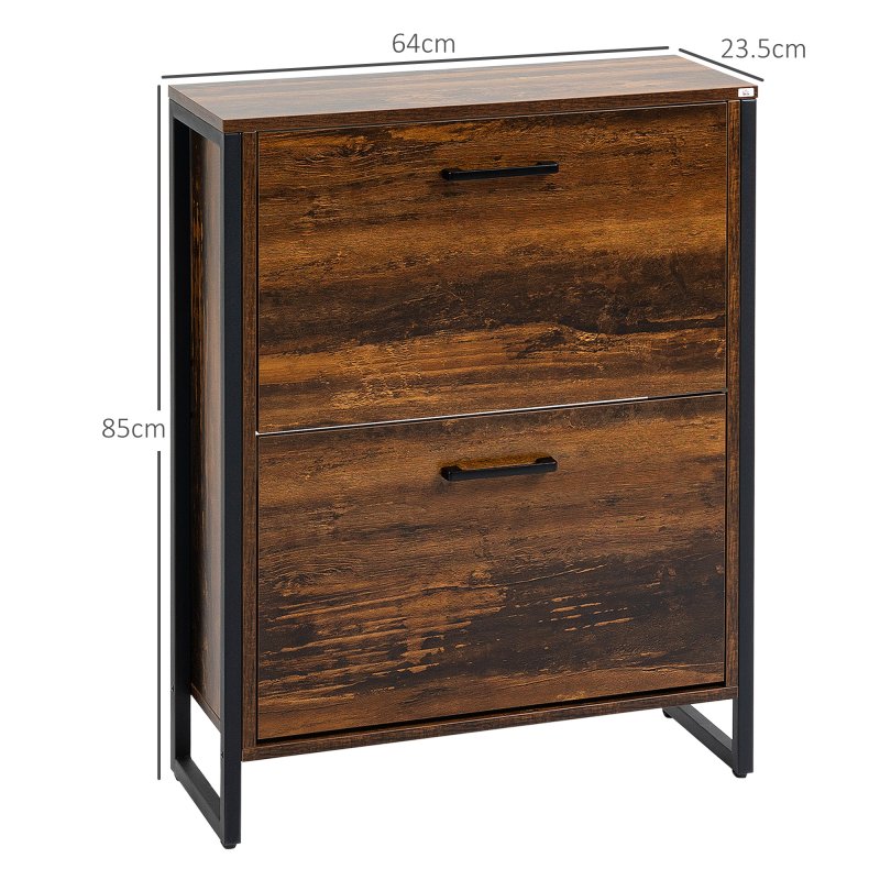 HOMCOM Industrial Shoe Cabinet with 2 Flip Drawers, Narrow Shoe Storage Cabinet for 12 Pairs, Freestanding Slim Shoe Rack for Entryway, Hallway, Rustic Brown