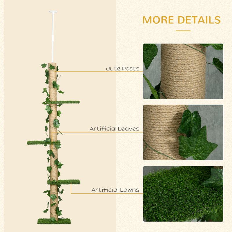 PawHut 242cm Floor to Ceiling Cat Tree for Indoor Cats with Leaves, Height Adjustable Cat Climbing Tower with Scratching Post, Anti-Slip Kit - Green