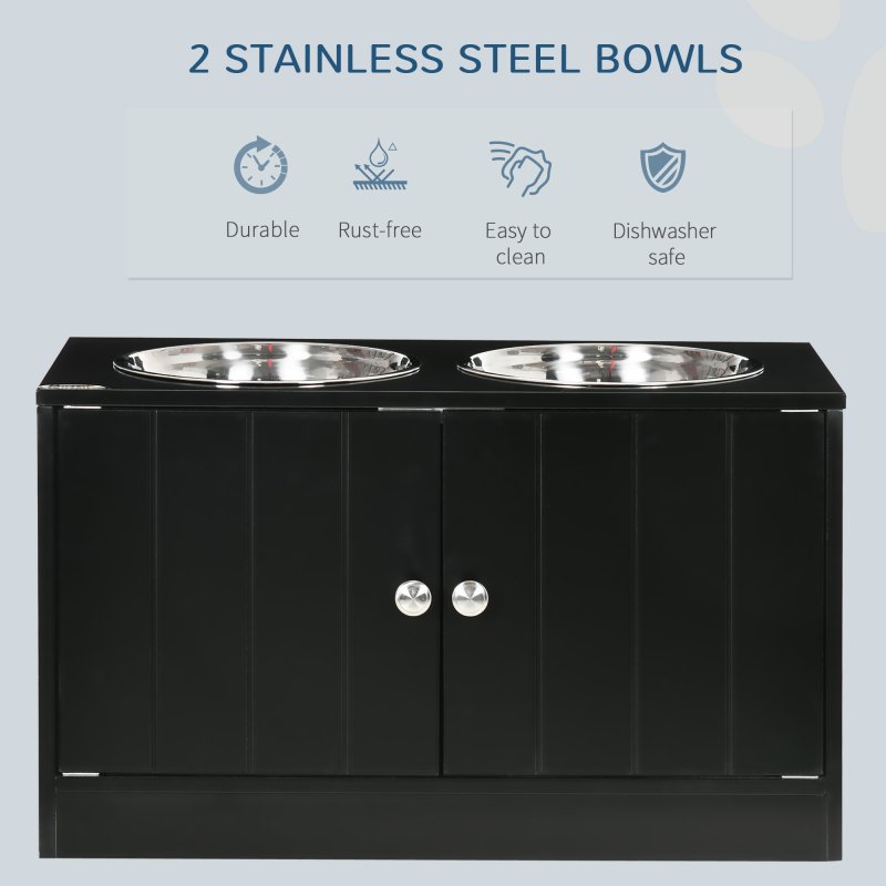 PawHut Raised Dog Bowls for Large Dogs Pet Feeding Station w/ Stand, Storage, Two Stainless Steel Bowls - Black