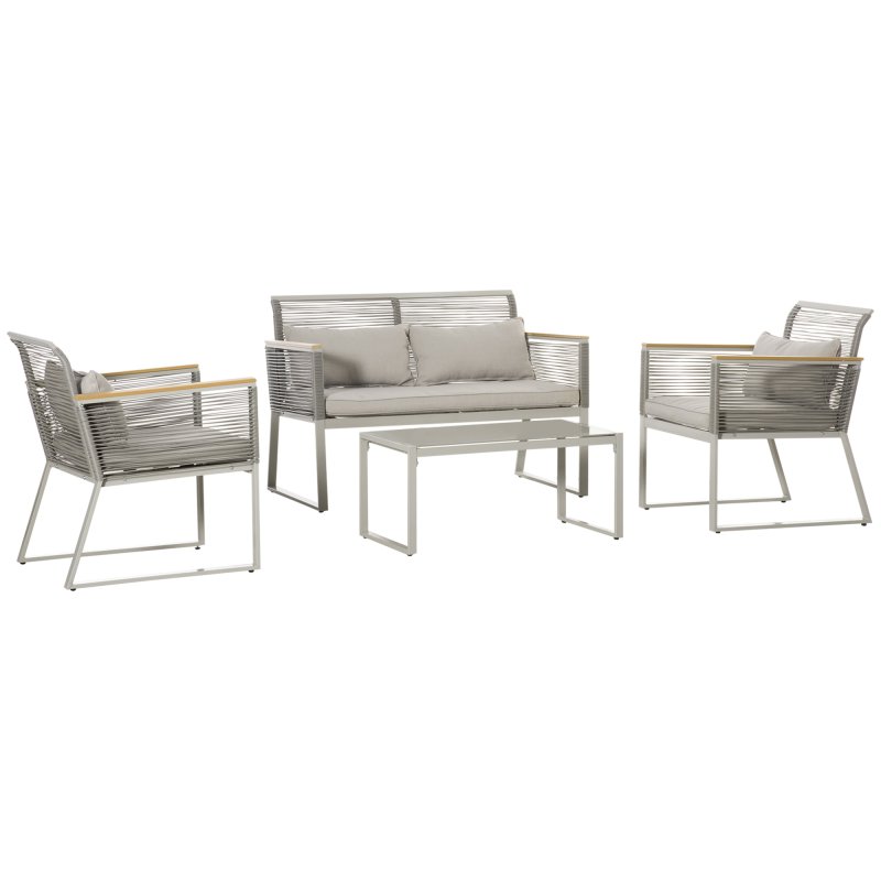 Outsunny 4 Pieces Rattan Garden Furniture Set, Metal Frame Outdoor Furniture Sofa Set with Cushions, Pillows & Tempered Glass Top Table, Wicker Garden Sofa for Conservatory, Patio, Grey