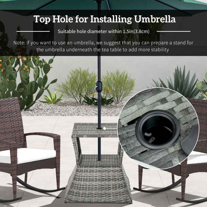 Outsunny Rattan Outdoor Coffee Table, Wicker Garden Patio Bistro Side Table with Umbrella Hole and Storage Space for Balcony, Porch, Grey