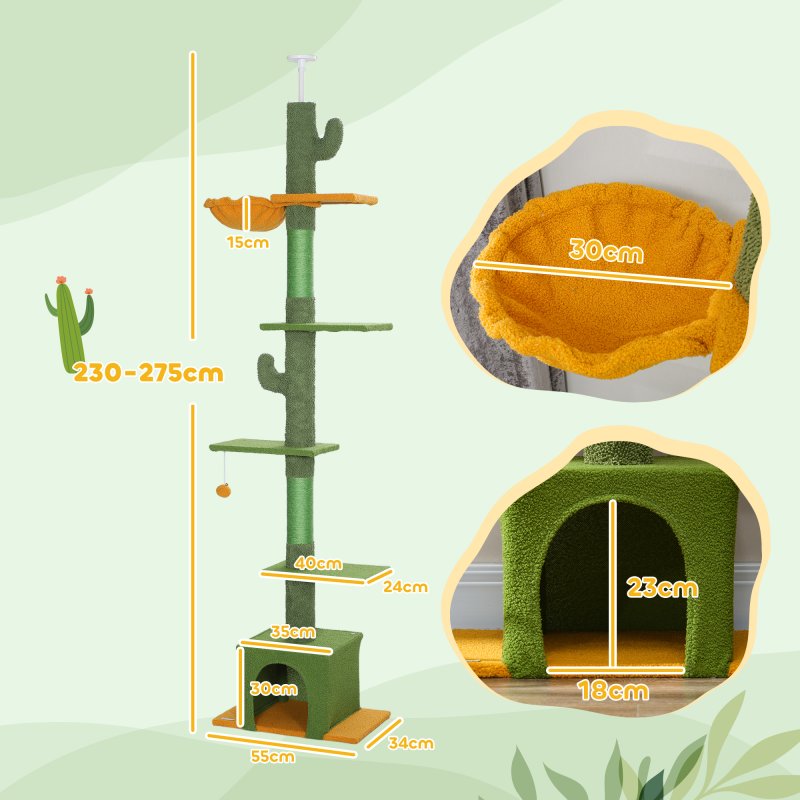 PawHut Floor-to-Ceiling Cat Tree, 230-275cm Height Adjustable Cat Tower, 6-Level Activity Centre for Indoor Cats with Scratching Posts, Cat House, Hammock, Toy Ball, Green