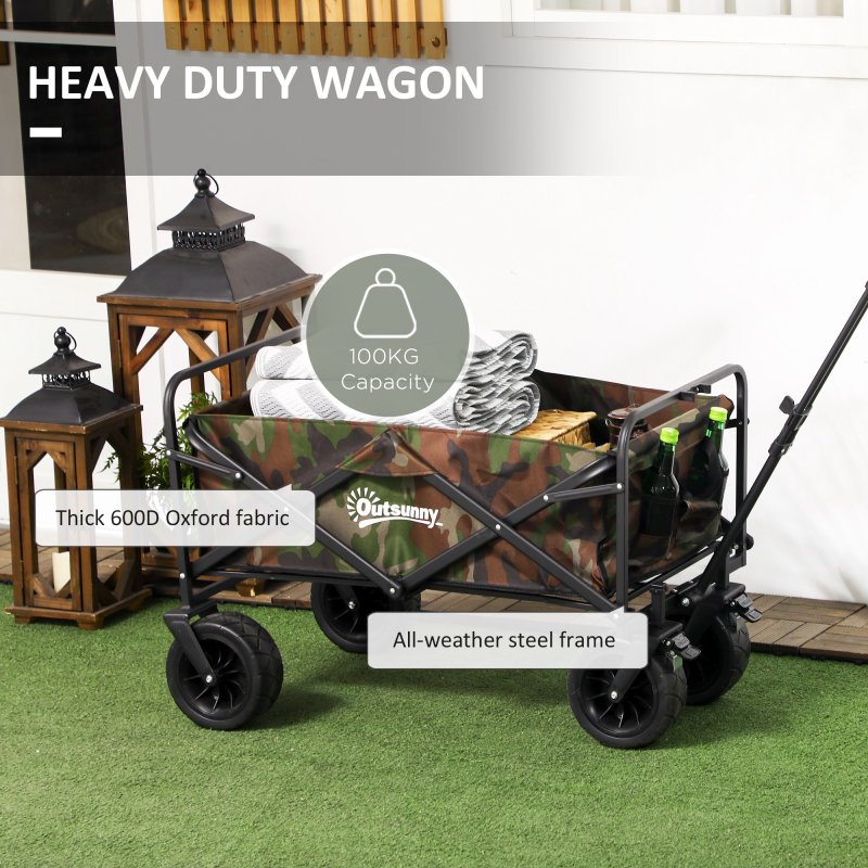Outsunny 100KG Festival Trolley on Wheels, Folding Camping Trolley Cart with Telescopic Handle, Carry Bag and All-Terrain Big Wheels, for Garden Beach Fishing, Camouflage