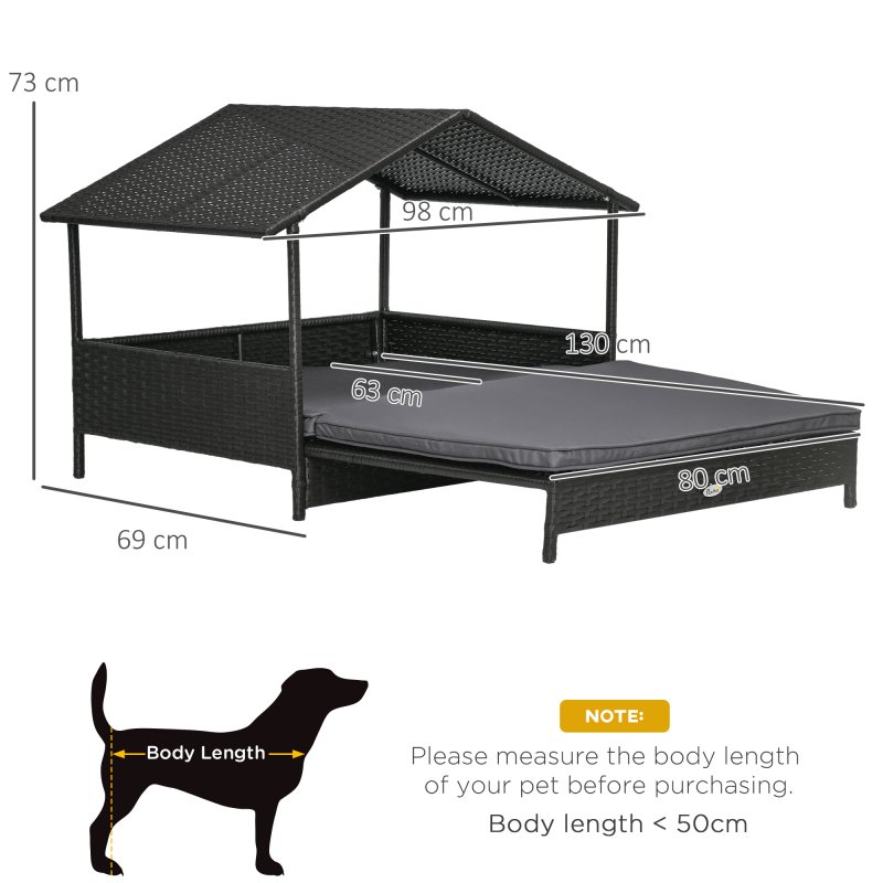 PawHut Rattan Dog House, Extendable Outdoor Wicker Dog Bed w/ Water-Resistant Roof, Removable Cushion, for Small and Medium Dogs - Grey