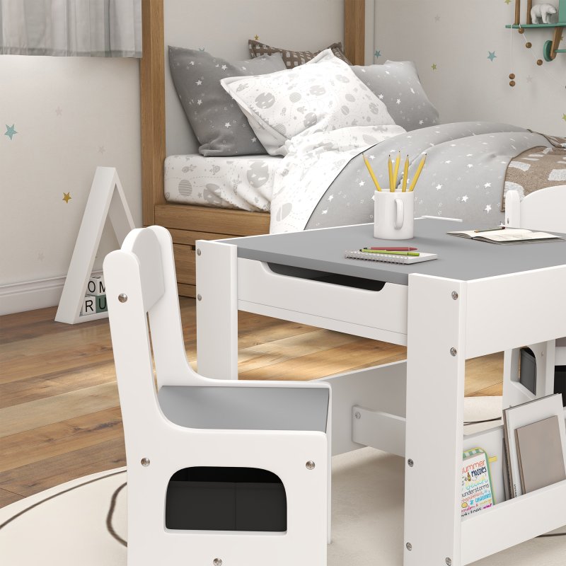 HOMCOM 3 Piece Kids Table and Chair Set, 3 in 1 Design Kids Desk and Chair Set with Blackboard, Storage, Bookshelves, for Nursery, Playroom, Classroom - Grey