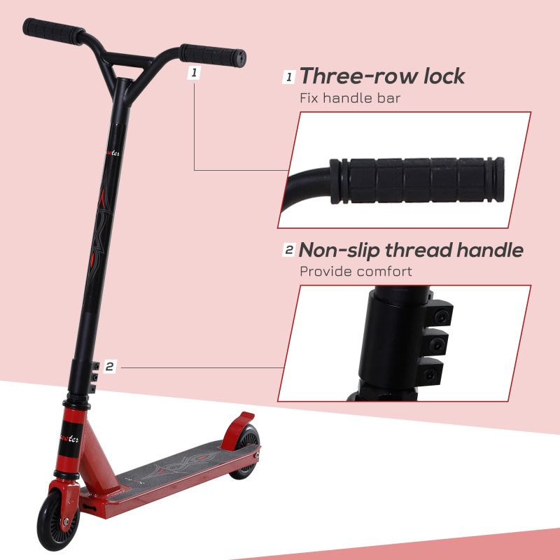 HOMCOM Street Stunt Scooter Intermediate and Beginner Freestyle Tricks Scooters For 14+ Teens Adult w/ Rear 10cm Wheel & Brake - Red