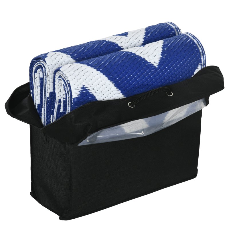 Outsunny Reversible Outdoor Rug with Carry Bag, Waterproof Plastic Straw Mat for Garden, Deck, RV, Picnic, Beach, Camping, 182 x 274cm, Blue and White