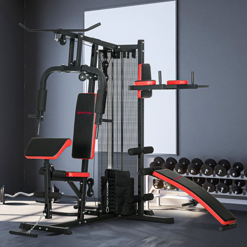 SPORTNOW Multi Gym Workout Station All-in-One Home Gym Equipment with 65kg Weight Stack, Sit Up Bench, Push Up Stand, Dip Station, for Home Gym Full Body Strength Training