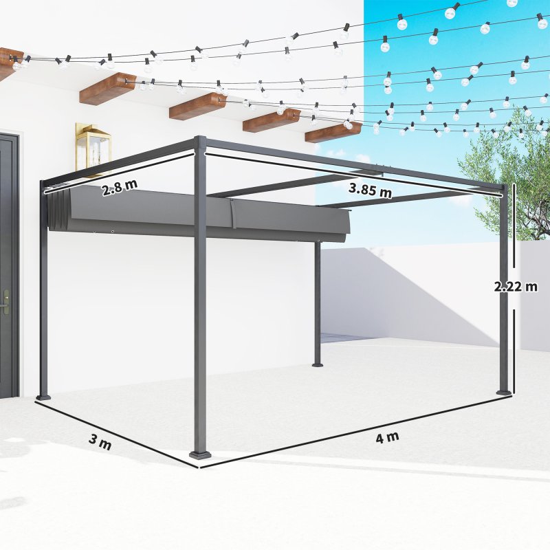 Outsunny 4 x 3(m) Metal Outdoor Pergola with Retractable Roof, Outdoor Gazebo with Drainage Holes for Garden, Patio, Lawn, Grey