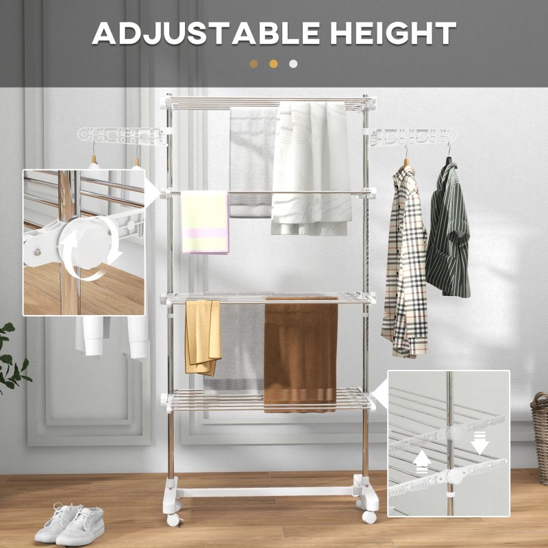 HOMCOM 4-Tier Clothes Airer, Stainless Steel Foldable Clothes Drying Rack with Wheels and Wings, Indoor and Outdoor, Easy Assembly, 142 x 55 x 172cm