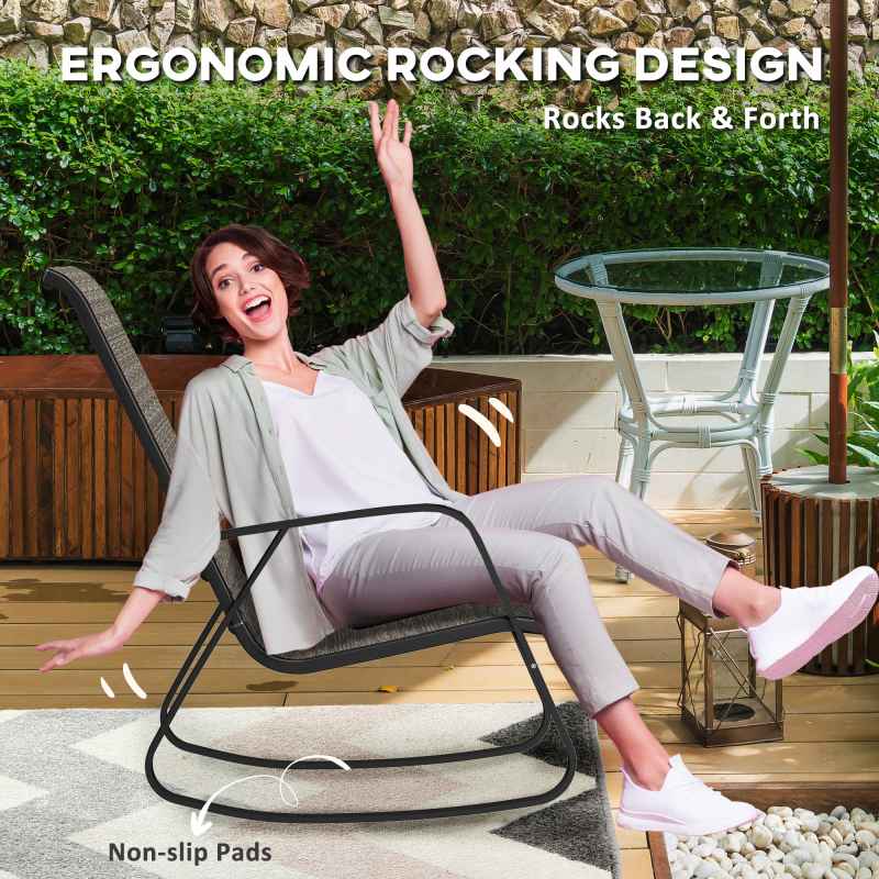 Outsunny Garden Rocking Chair, Ergonomic Outdoor Rocking Chair with Armrests, High Backrest, Steel Frame Relaxing Rocker Armchair Seat for Patio, Balcony, Porch, Light Brown