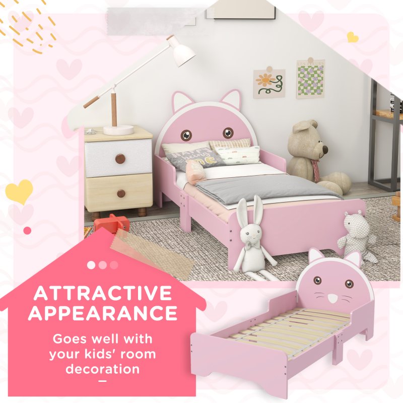 ZONEKIZ Toddler Bed Frame, Kids Bed Cat Design Princess Bed Bedroom Furniture with Guardrails, for 3-6 Years Old, 143L x 74W x 72Hcm - Pink