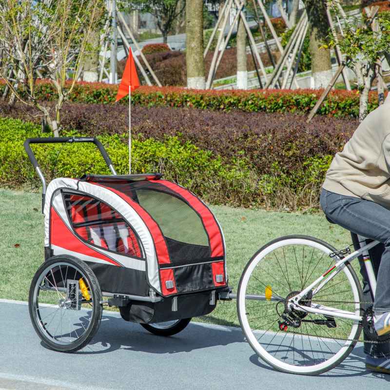 HOMCOM Child Bike Trailer, Baby Bicycle Trailer for 2 Kids with 5 Point Harness, Steel Frame, Reflectors, Safety Flag, Hitch Coupler, Red