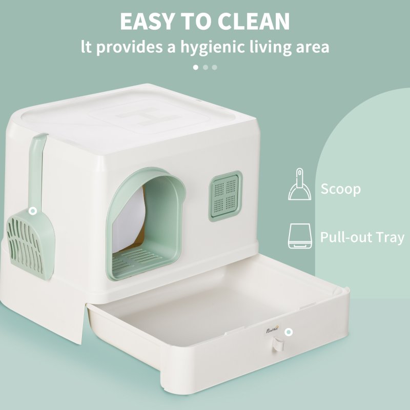 PawHut Cat Litter Box with Drawer Pan, Hooded Cat Litter Tray with Scoop, Deodorants, Front Entrance, 50 x 40 x 40cm - White