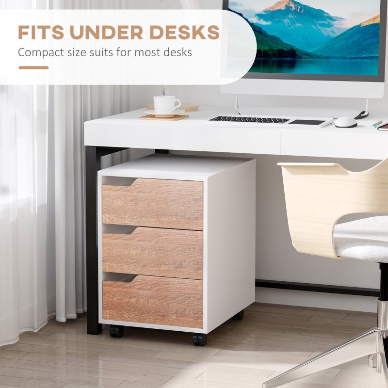 HOMCOM 3 Drawer Mobile File Cabinet, Vertical Filing Cabinet with Wheels for Home Office