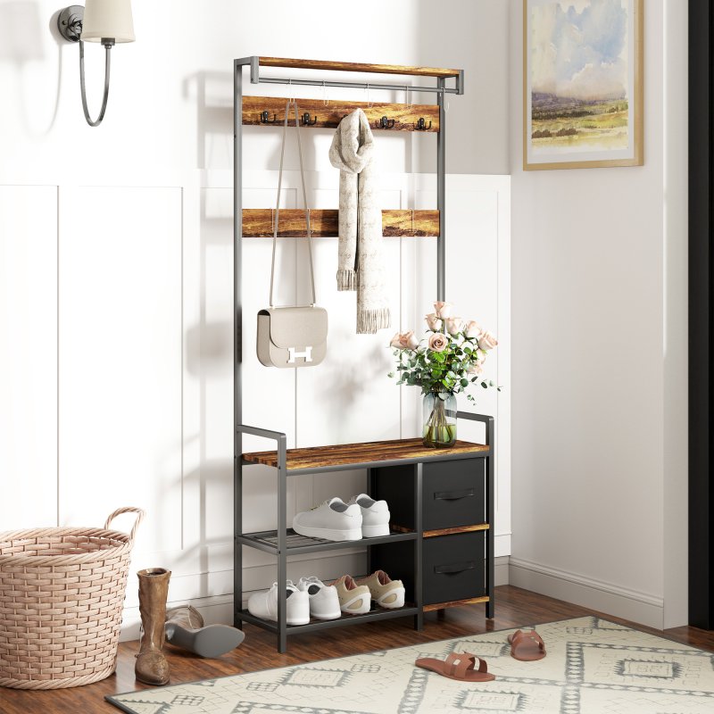 HOMCOM Coat Rack with Bench and Shoe Storage, 4-in-1 Coat Stand with 15 Coat Hooks, 2 Fabric Drawers for Hallway, Living Room, Bedroom, Rustic Brown
