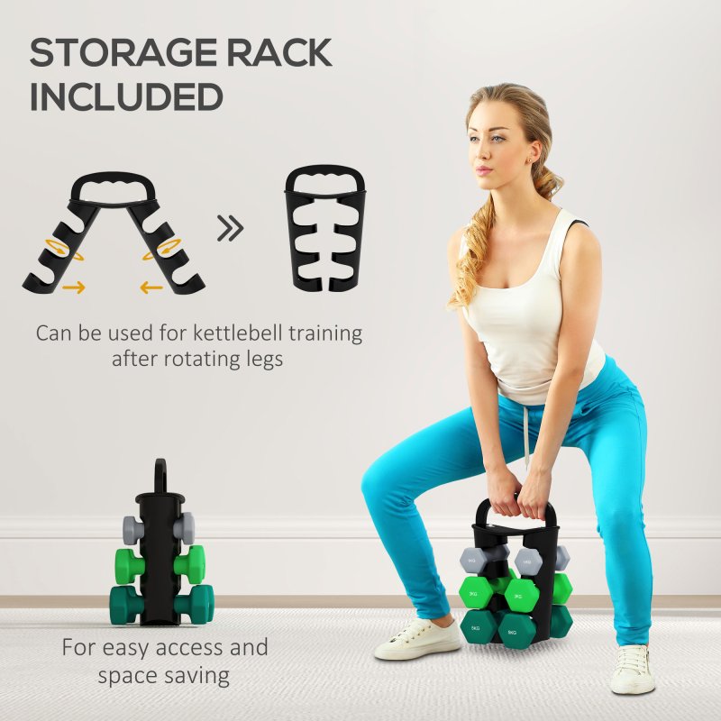 SPORTNOW Dumbbells Set with Carry Storage Rack, Set of 6 Weights for Home Gym, Kettlebell Training Weight Lifting Exercise, 2 x 1kg, 2 x 3kg, 2 x 5kg, Grey