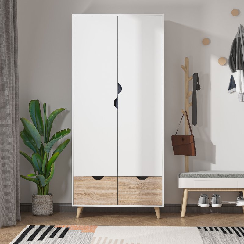 HOMCOM 2-Door Clothes Wardrobe w/ Rail Shelf 2 Drawers Wood Feet Elegant Home Storage Organisation Furniture Dresses Coats Blankets Shoes White