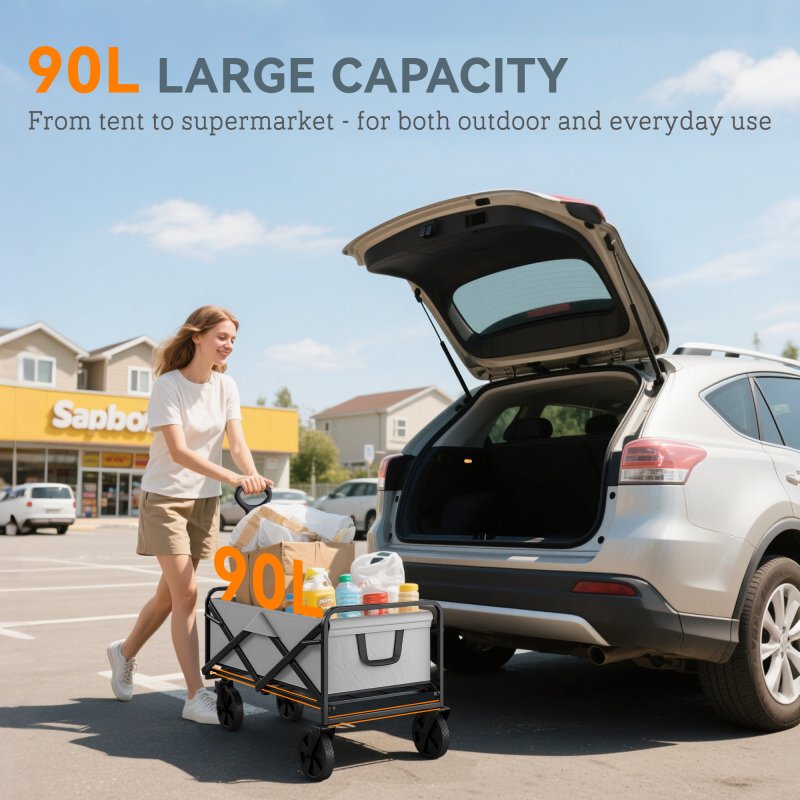 Outsunny 90L Festival Trolley on Wheels, Folding Camping Trolley Cart with Adjustable Handle, Portable for Outdoor, Garden, Shopping, Fishing, Dark Grey