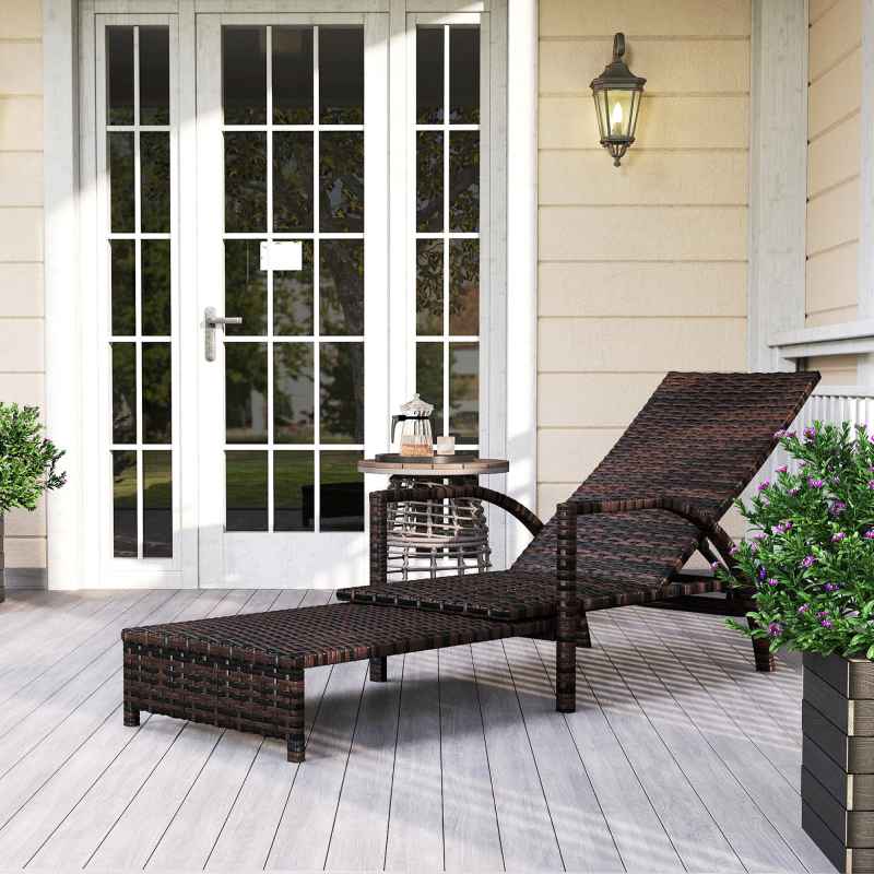 Outsunny PE Rattan Sun Lounger, Garden Lounger with 4-Level Adjustable Backrest, Outdoor Sunbed with Retractable Footrest for Balcony, Beach, Patio, Mixed-brown
