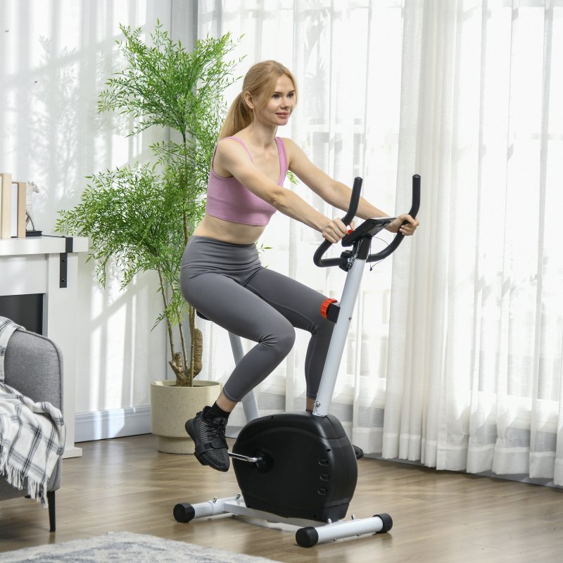 SPORTNOW Exercise Bike, Quiet Stationary Bike with 8-Level Magnetic Resistance, Heart-Rate Sensor, Adjustable Seat, Wheels and LCD Monitor, for Home Gym Workout, White
