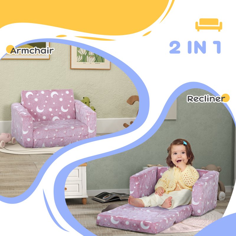 AIYAPLAY Kids Sofa Bed, 2 in 1 Kids Folding Bed Toddler Armchair with Glow in The Dark Stars Design, Washable Cushion and Cover, Convertible Kid Chair to Lounger for 1.5-3 Years Old, 1 Seater, Pink