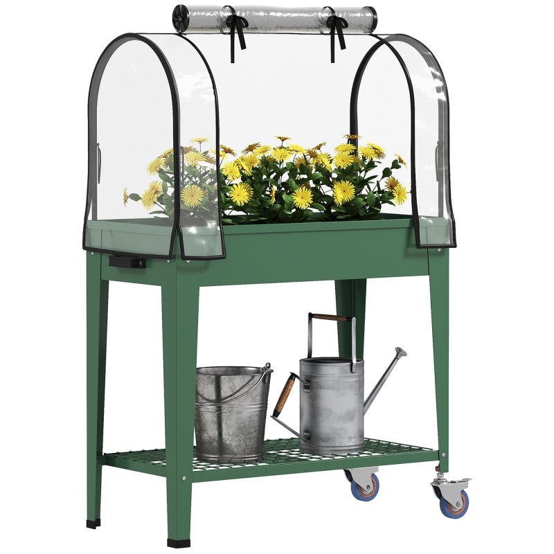Outsunny Raised Garden Bed with Greenhouse Cover, Mobile Elevated Planter Box with Wheels and Bottom Shelf for Vegetables, Flowers, Herbs, 80 x 40 x 120cm, Green