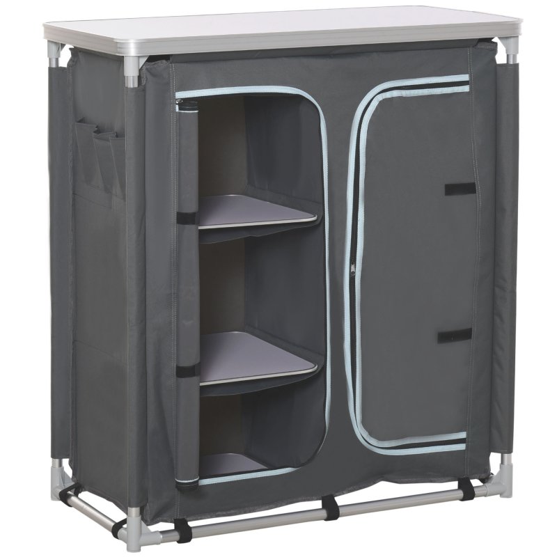 Outsunny Aluminum Camping Cupboard, Camping Kitchen Station Cook Table with 3-Shelf, Storage Organiser for BBQ Party Picnics Backyards with Carrying Bag