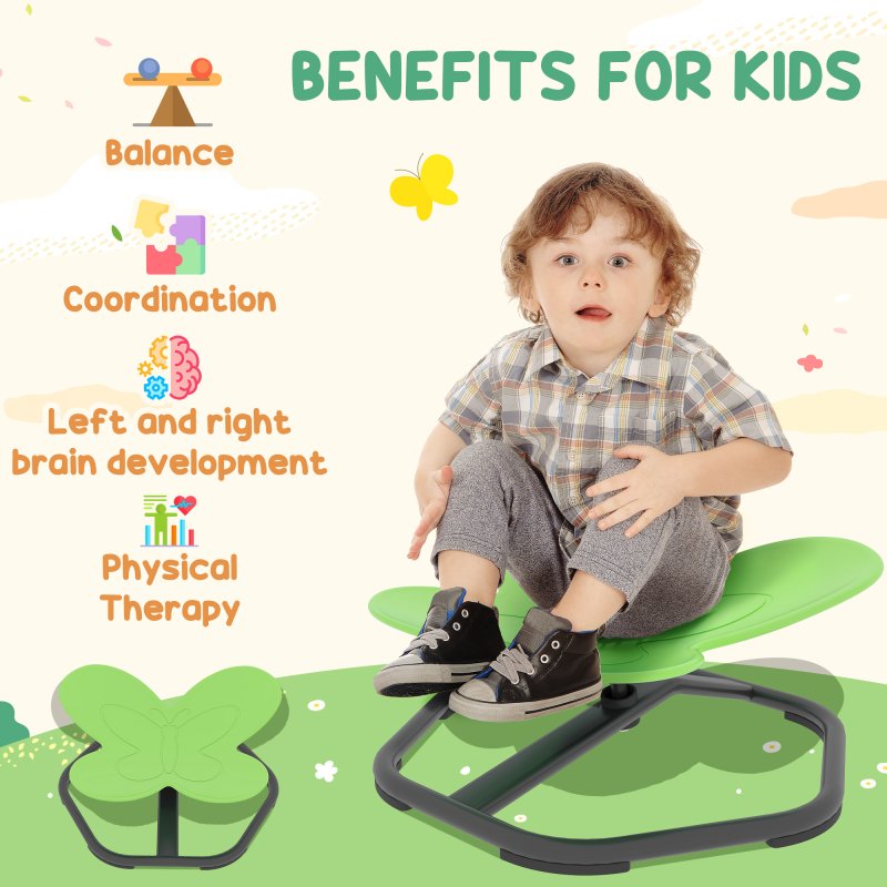 AIYAPLAY Sensory Spinning Chair for Kids, Butterfly-Shaped Swivel Chair for Balance and Coordination Training, Multi-Position Spinning Seat with Non-Slip Base, Green