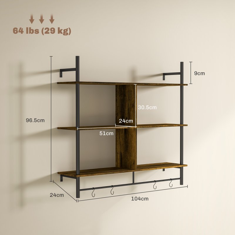 HOMCOM Floating Shelves, 104CM Wall Mounted Ladder Shelf with 4 Hooks, Rustic Hanging Display Shelf for Living Room, Entryway, Kitchen, Rustic Brown
