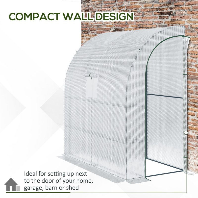 Outsunny Walk-In Lean to Wall Greenhouse with Windows and Doors, Outdoor Green House with 3 Tiers 4 Wired Shelves, 200L x 100W x 215Hcm, White