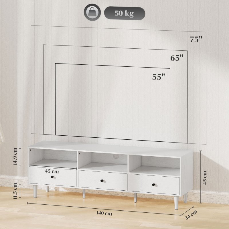 HOMCOM 140cm TV Stand Cabinet, Modern TV Unit Console Table for up to 75", with 3 Drawers, 3 Open Storage Shelves, Cable Management, Media Entertainment Centre for Living Room, Bedroom, White