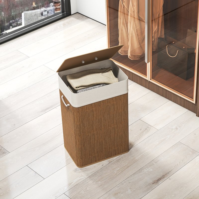 HOMCOM Bamboo Laundry Basket with Lid, 72L Laundry Hamper with Rope Handles, Washing Basket with Removable Washable Liner Bag for Bathroom, Bedroom, Brown